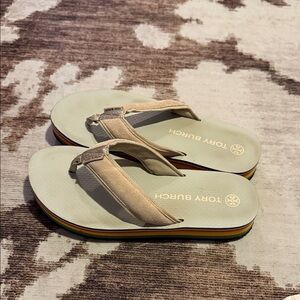 Tory Burch Cream Platform Flip Flop Sandals with Multicolor Stripe Midsole